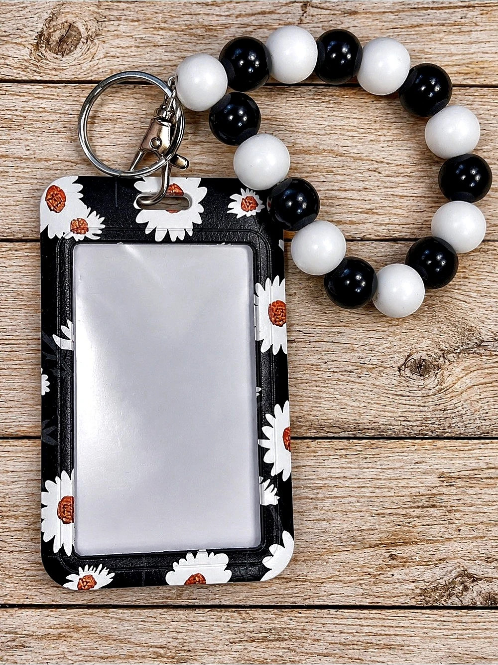 Floral ID Badge Holder Keychain in Black & White